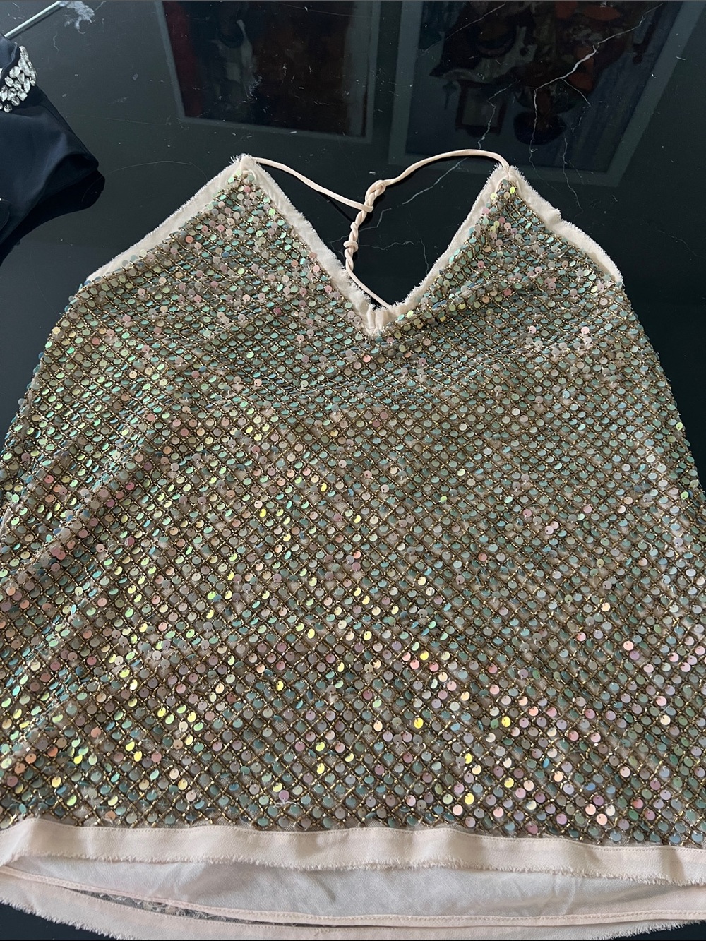 Zara Iridescent Sequin Halter Cami in Gold and Cream